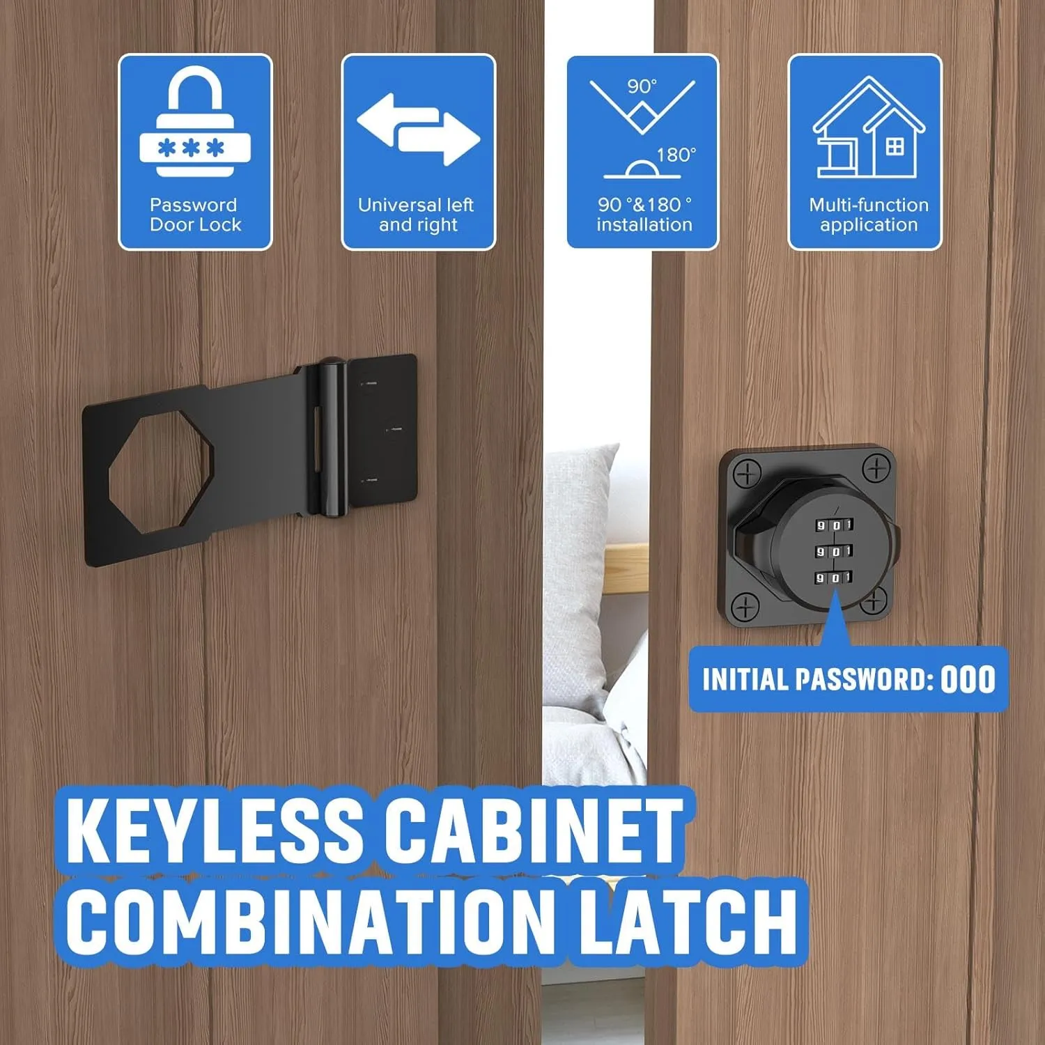 Household Cabinet Password Hasp Locks, Cabinet Locks with Combination, Door Security Slide Latch for Small Barn Doors, Bathroom, Outdoor, Garden (4 Pack Black)