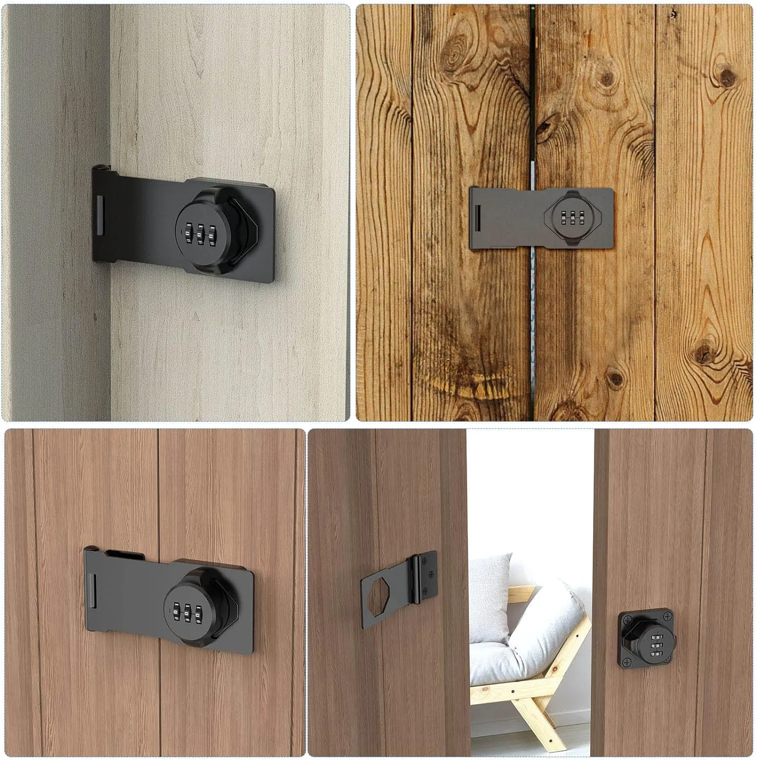 Household Cabinet Password Hasp Locks, Cabinet Locks with Combination, Door Security Slide Latch for Small Barn Doors, Bathroom, Outdoor, Garden (4 Pack Black)