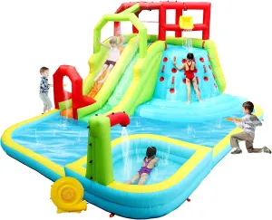 Inflatable Water Slide Park, Bouncy Castle with Deep Pool, 3 Inflatable Sport Balls and 4 Water Guns, Jumping Castle with Air Blower