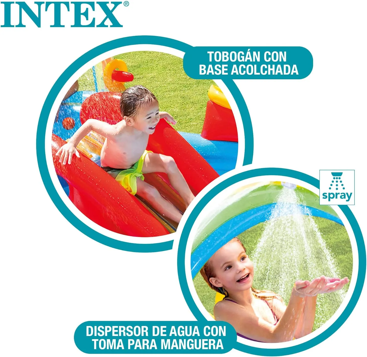 Intex 57453EP 9.75 Foot x 6.3 Foot x 53 Inch Multicolor Rainbow Slide Kids Inflatable Pool with Water Slide and Ring Toss for Children Ages 2 and Up