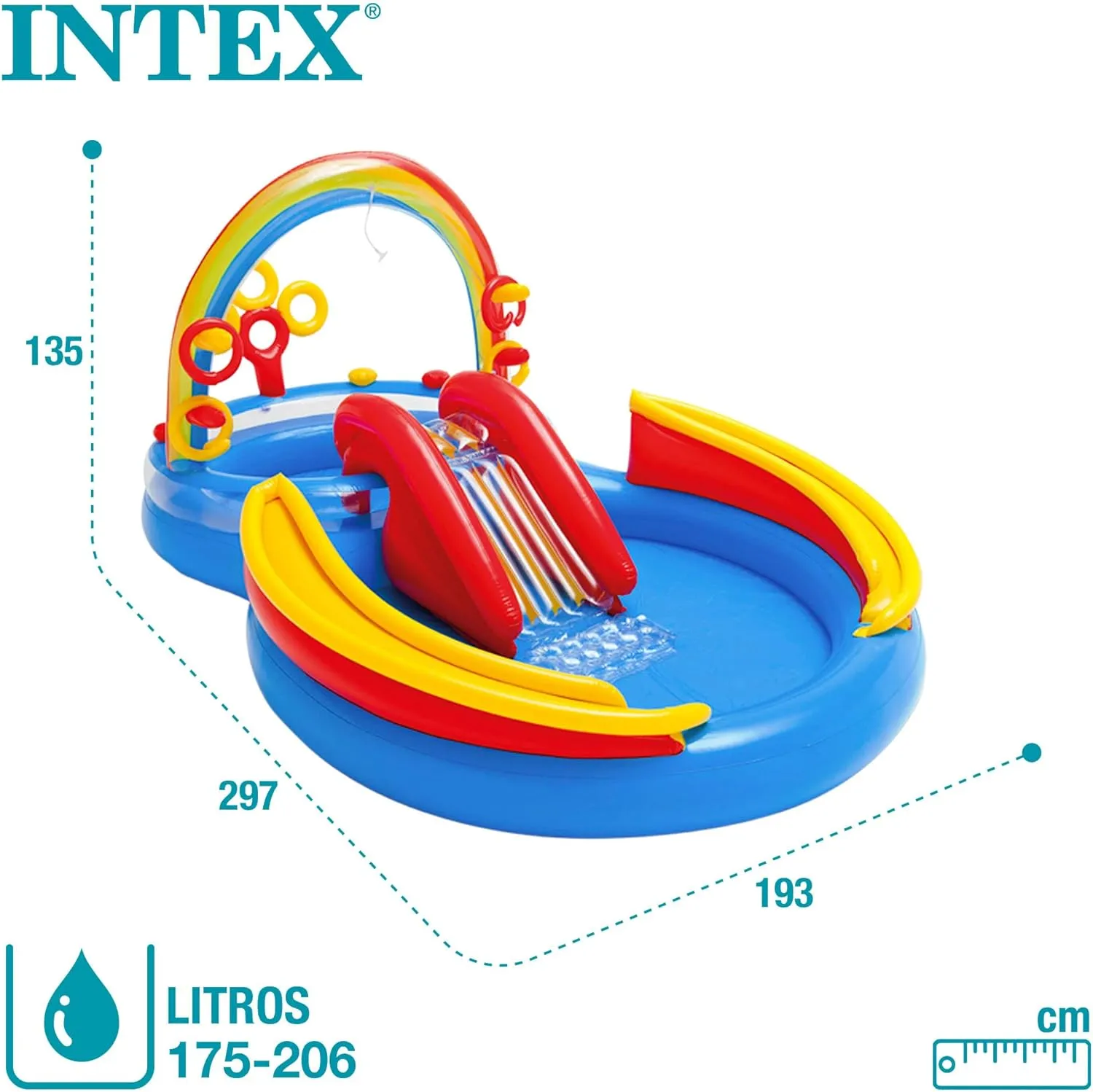 Intex 57453EP 9.75 Foot x 6.3 Foot x 53 Inch Multicolor Rainbow Slide Kids Inflatable Pool with Water Slide and Ring Toss for Children Ages 2 and Up