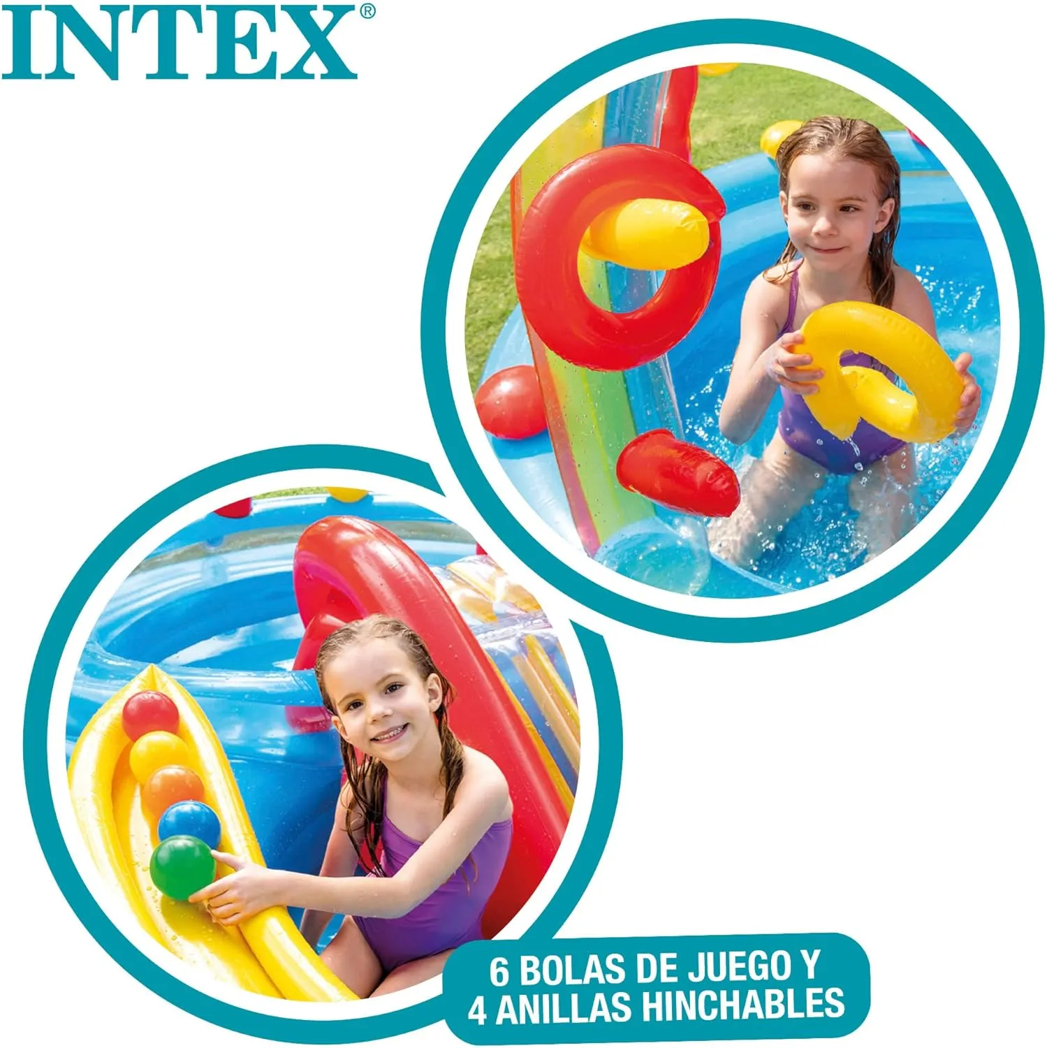 Intex 57453EP 9.75 Foot x 6.3 Foot x 53 Inch Multicolor Rainbow Slide Kids Inflatable Pool with Water Slide and Ring Toss for Children Ages 2 and Up
