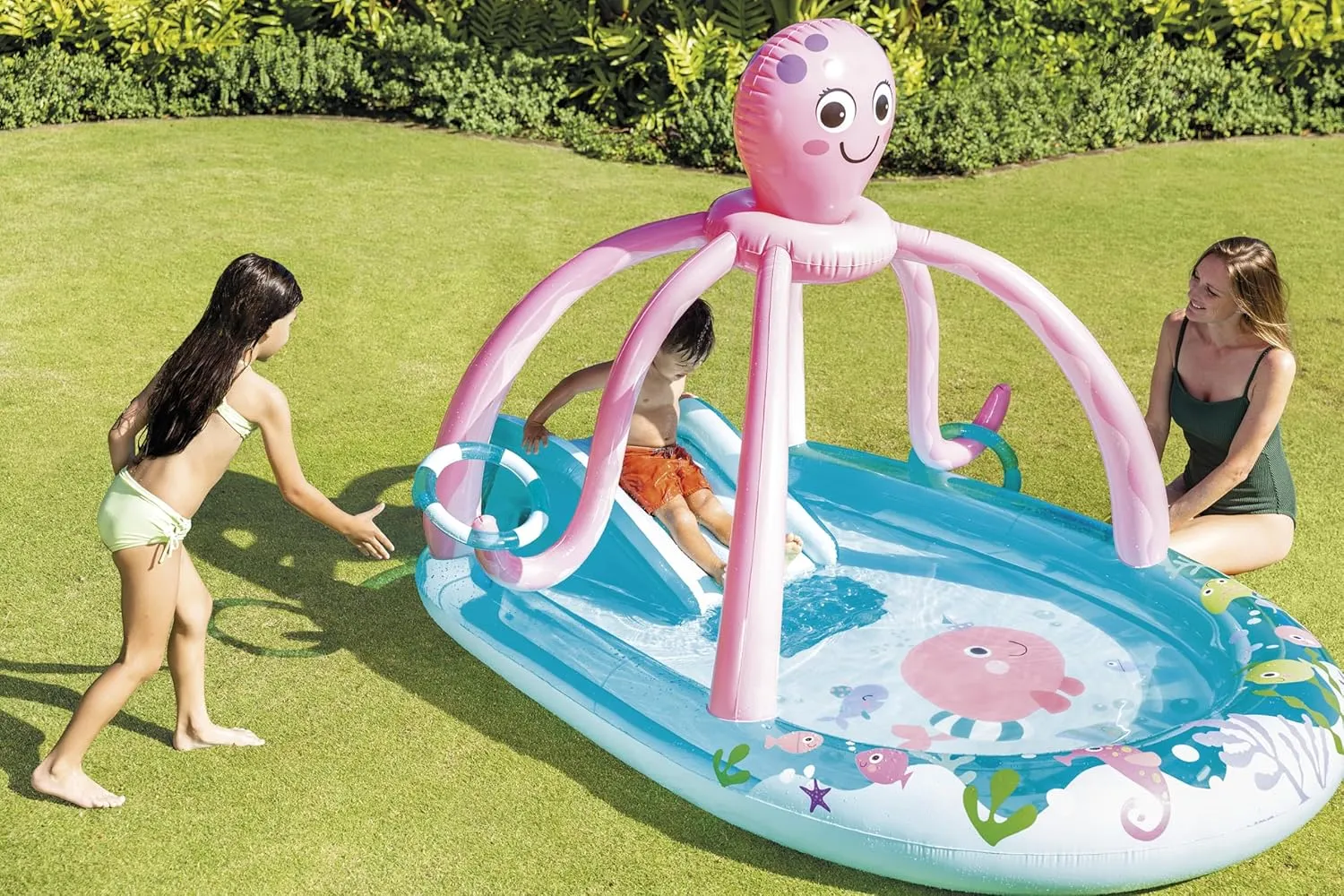 INTEX Friendly Octopus Inflatable Kiddie Pool: Inflatable Kids Pool with Water Sprayer and Slide – Splash Pad – 92" x 72" x 59" – Ages 3 