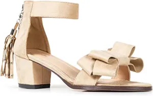 J. Adams April Heels for Women - Ankle Strap Low Heel Sandals with Removeable Bow & Tassel