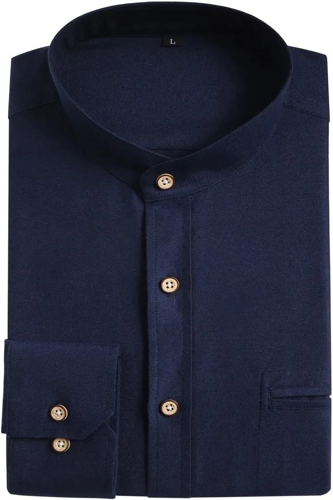 Jandukar Banded Collar Dress Shirts for Men Long Sleeve Oxford Button Down Mandarin Collar Shirt
