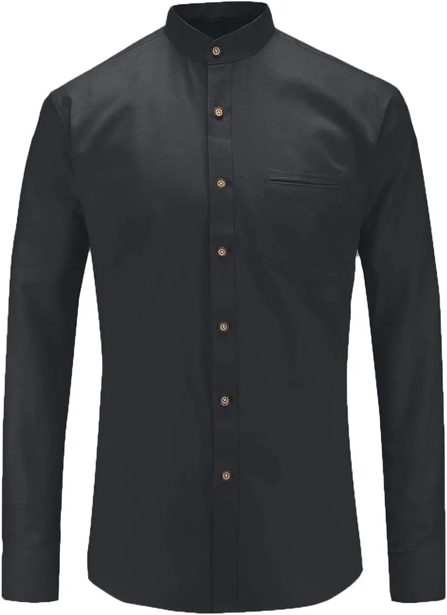 Jandukar Banded Collar Dress Shirts for Men Long Sleeve Oxford Button Down Mandarin Collar Shirt