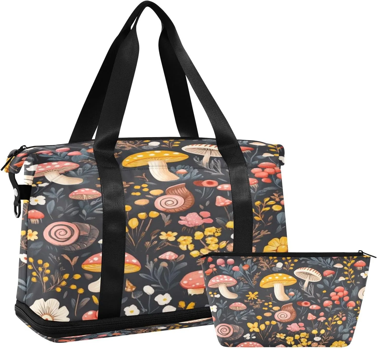 Kigai Snail Mushroom Flower Sport Tote Bag for Women Men Large Travel Duffel Bag Waterproof Weekender Overnight Bag With Wet Pocket for Gym Yoga Swimming Camping