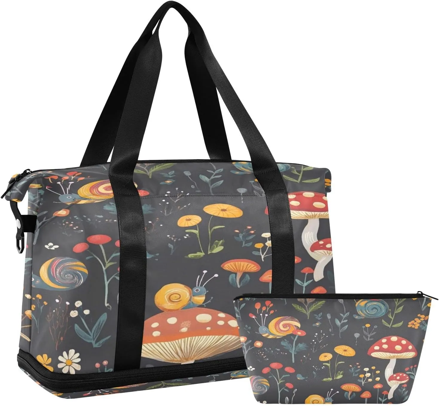 Kigai Snail Mushroom Flower Sport Tote Bag for Women Men Large Travel Duffel Bag Waterproof Weekender Overnight Bag With Wet Pocket for Gym Yoga Swimming Camping