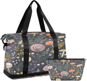 Kigai Snail Mushroom Flower Sport Tote Bag for Women Men Large Travel Duffel Bag Waterproof Weekender Overnight Bag With Wet Pocket for Gym Yoga Swimming Camping