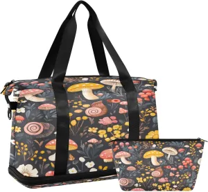 Kigai Snail Mushroom Flower Sport Tote Bag for Women Men Large Travel Duffel Bag Waterproof Weekender Overnight Bag With Wet Pocket for Gym Yoga Swimming Camping