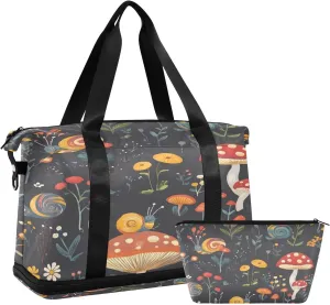 Kigai Snail Mushroom Flower Sport Tote Bag for Women Men Large Travel Duffel Bag Waterproof Weekender Overnight Bag With Wet Pocket for Gym Yoga Swimming Camping