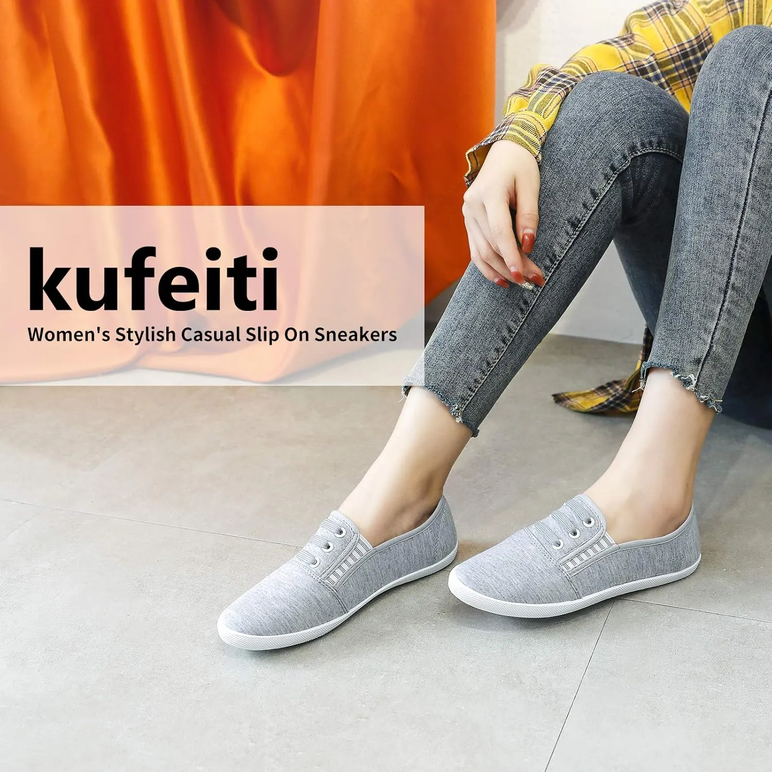 kufeiti Women's Canvas Slip On Shoes Sneakers for Women Fashion Comfortable White Black Elastic Sneakers for Women