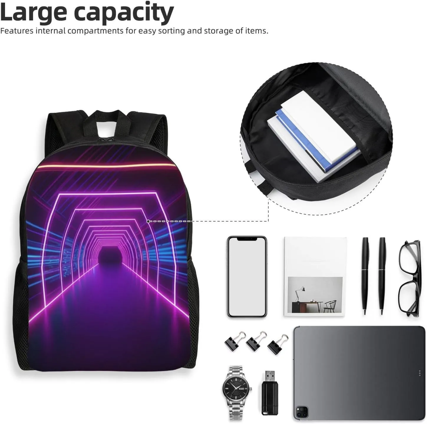 Laptop Backpack 16.1 Inch with Compartment Neon Lights Tunnel Laptop Bag Lightweight Casual Daypack for Travel
