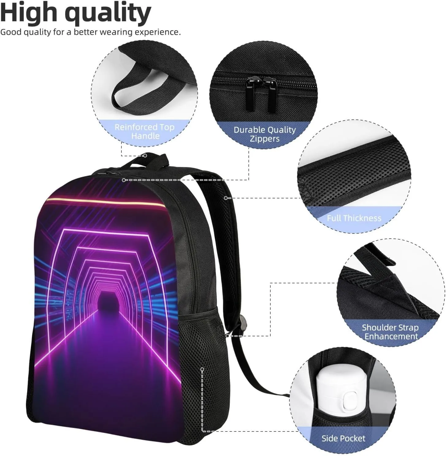 Laptop Backpack 16.1 Inch with Compartment Neon Lights Tunnel Laptop Bag Lightweight Casual Daypack for Travel