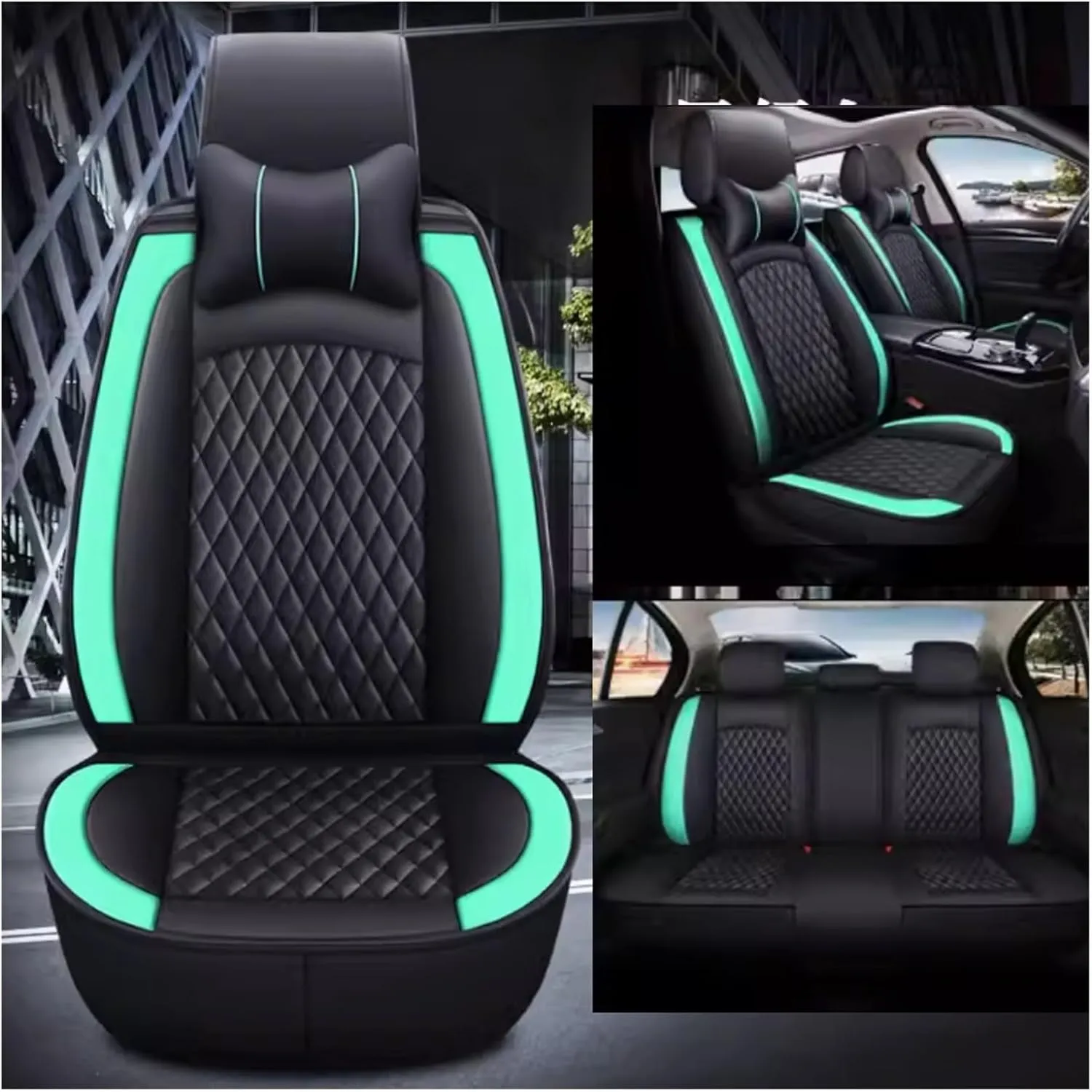 Leather Car Seat Covers Fit for Ligier JS50 2000-2024, 5 Seats Comfortable Non-Slip Seat Covers, Nappa Leather Sport Seat Cover, Car Seat Cover Full Set, Luxury Seat Covers Fit(Green Headrest)