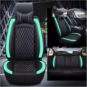 Leather Car Seat Covers Fit for Ligier JS50 2000-2024, 5 Seats Comfortable Non-Slip Seat Covers, Nappa Leather Sport Seat Cover, Car Seat Cover Full Set, Luxury Seat Covers Fit(Green Headrest)