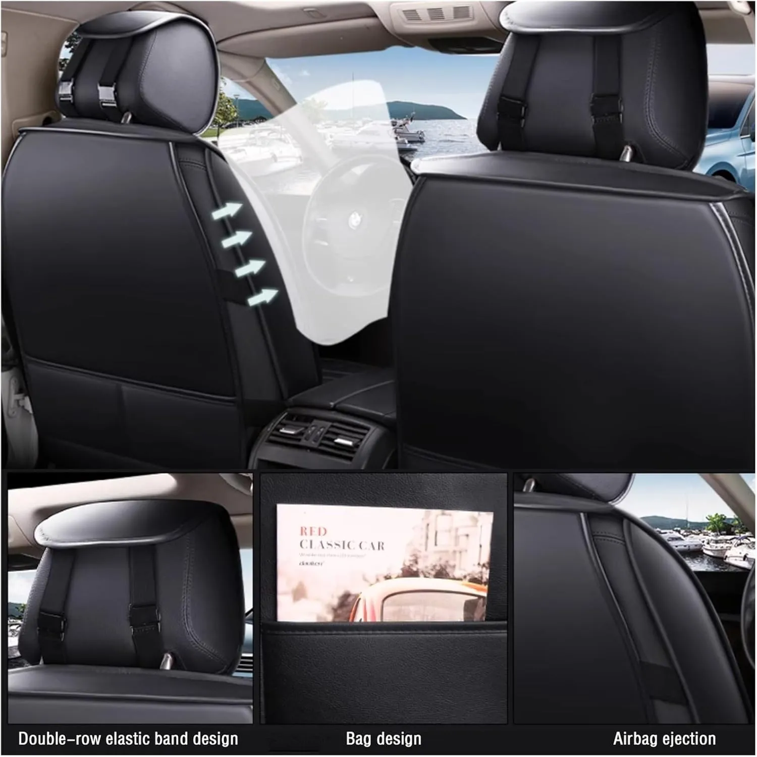 Leather Car Seat Covers Fit for Ligier JS50 2000-2024, 5 Seats Comfortable Non-Slip Seat Covers, Nappa Leather Sport Seat Cover, Car Seat Cover Full Set, Luxury Seat Covers Fit(Green Headrest)