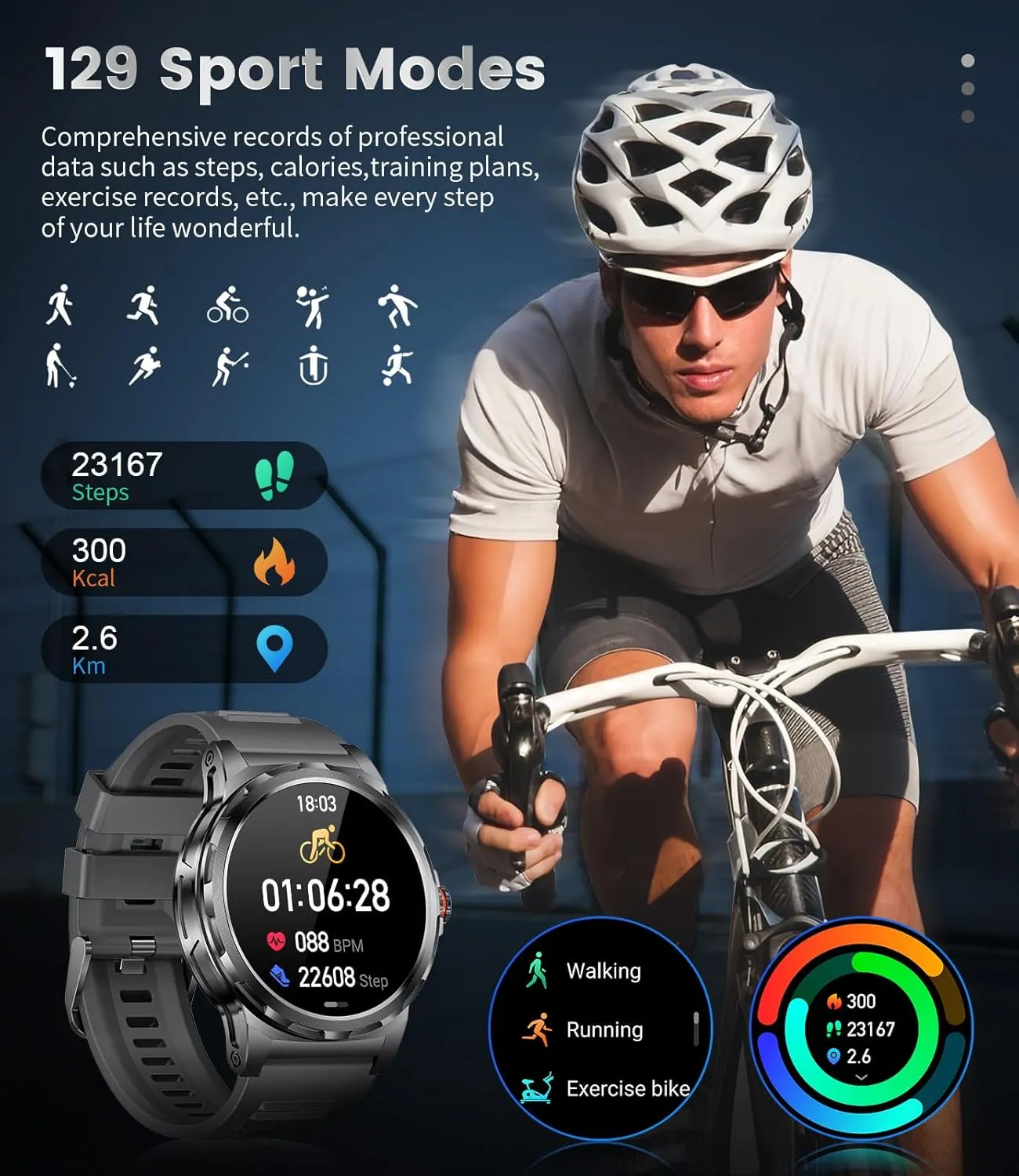 LIGE Military Smart Watch for Men(Answer/Make Call),1.43" HD AMOLED Rugged Smartwatch for iPhone Android Phone,Fitness Watch,Black Sport Watch with 120  Sport Modes/5ATM Waterproof