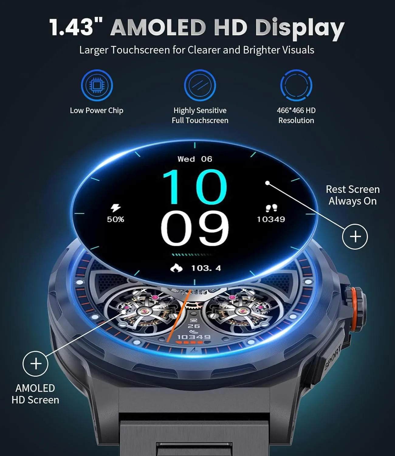 LIGE Military Smart Watch for Men(Answer/Make Call),1.43" HD AMOLED Rugged Smartwatch for iPhone Android Phone,Fitness Watch,Black Sport Watch with 120  Sport Modes/5ATM Waterproof