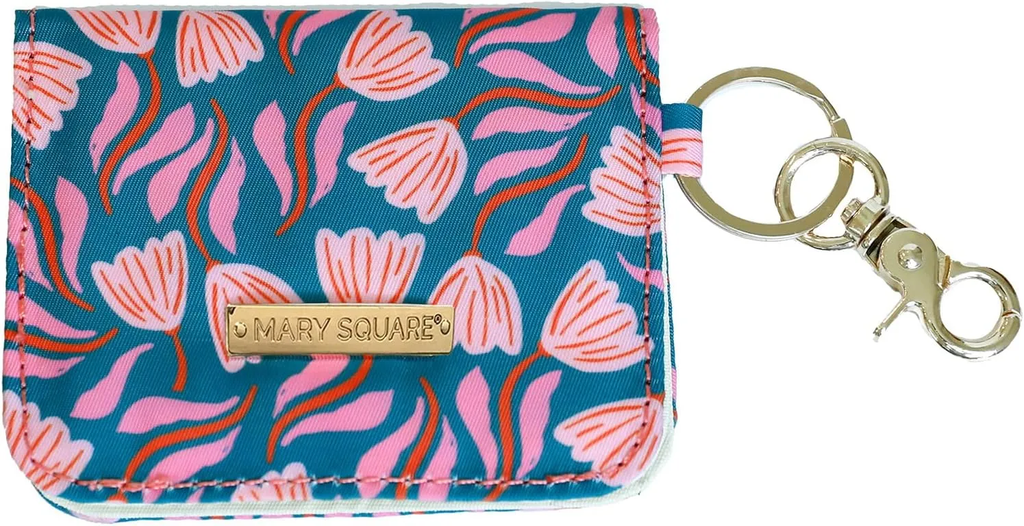 Mary Square Snap Closure ID Card Wallet With Key Hook, 3.5 x 4 Inch Canvas With Protective Coating, Garden Path
