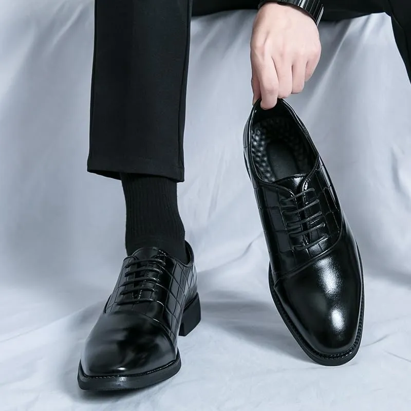 Men's Retro Leather Oxford Shoes - Pointed Toe Chunky Heel, Non-Slip Waterproof Business Dress Shoes