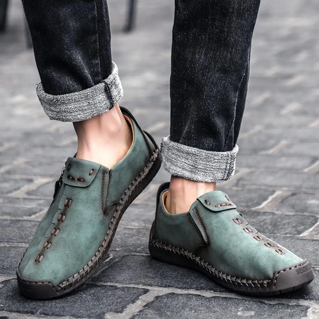 Minishion Anti Slip Shoes Men Zip Stitched Casual Slip ons 2102#