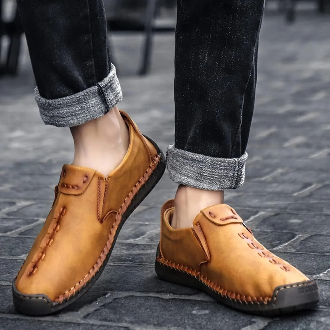 Minishion Anti Slip Shoes Men Zip Stitched Casual Slip ons 2102#