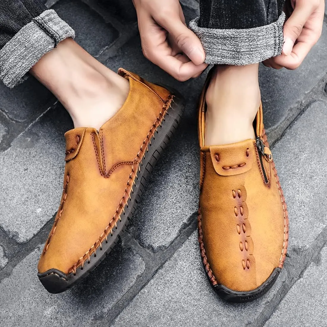 Minishion Anti Slip Shoes Men Zip Stitched Casual Slip ons 2102#