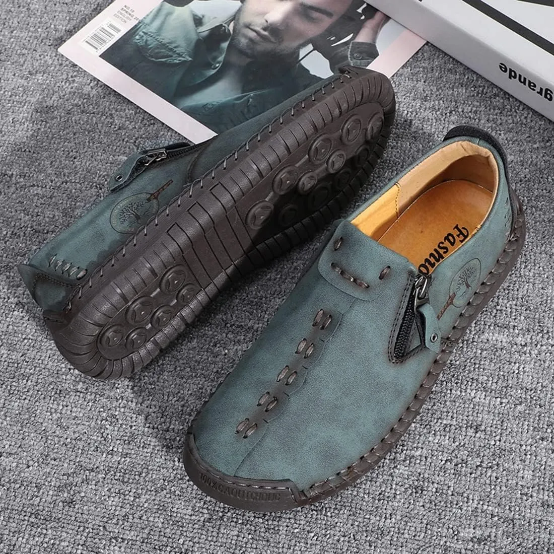 Minishion Anti Slip Shoes Men Zip Stitched Casual Slip ons 2102#