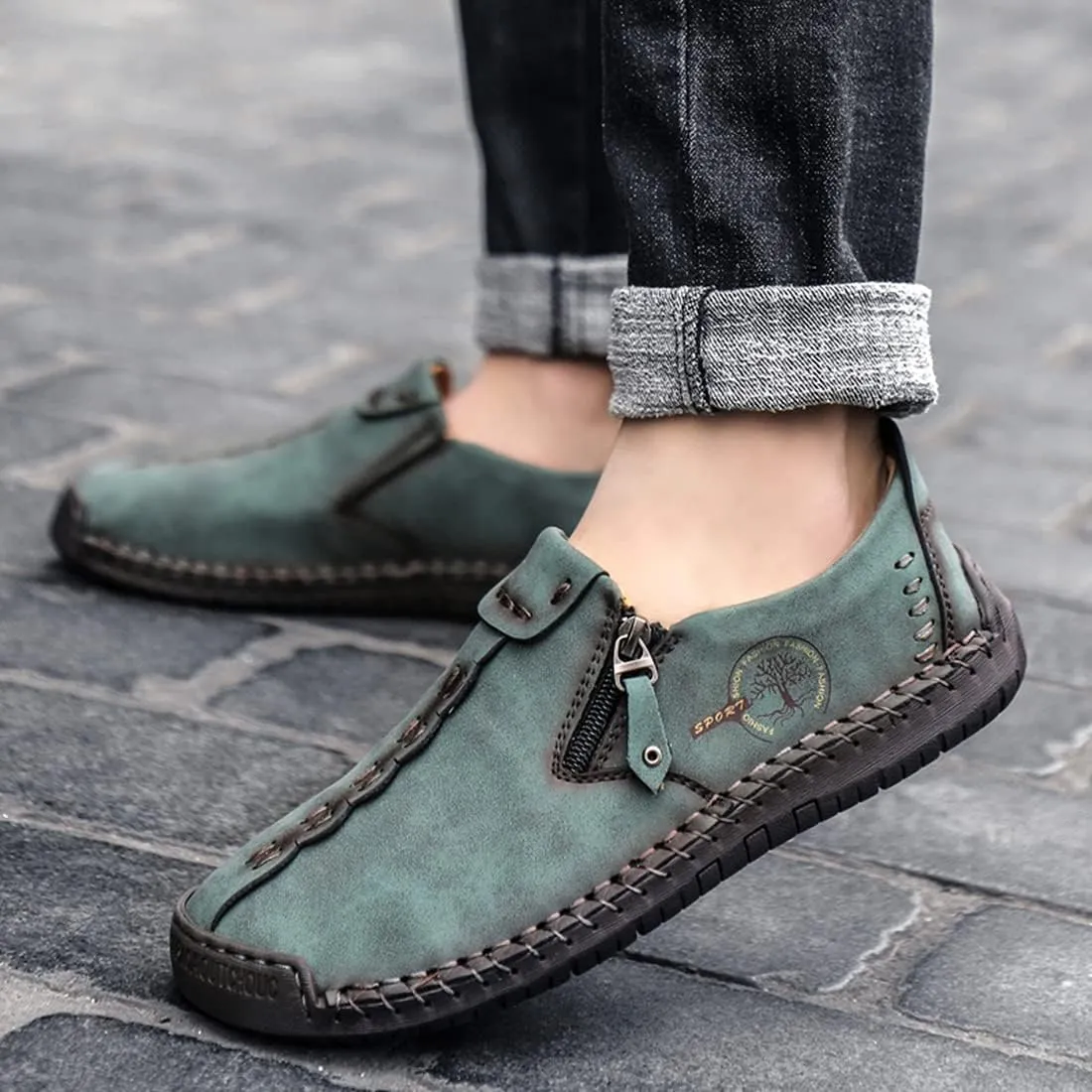 Minishion Anti Slip Shoes Men Zip Stitched Casual Slip ons 2102#