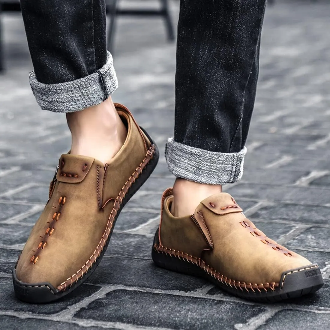 Minishion Anti Slip Shoes Men Zip Stitched Casual Slip ons 2102#
