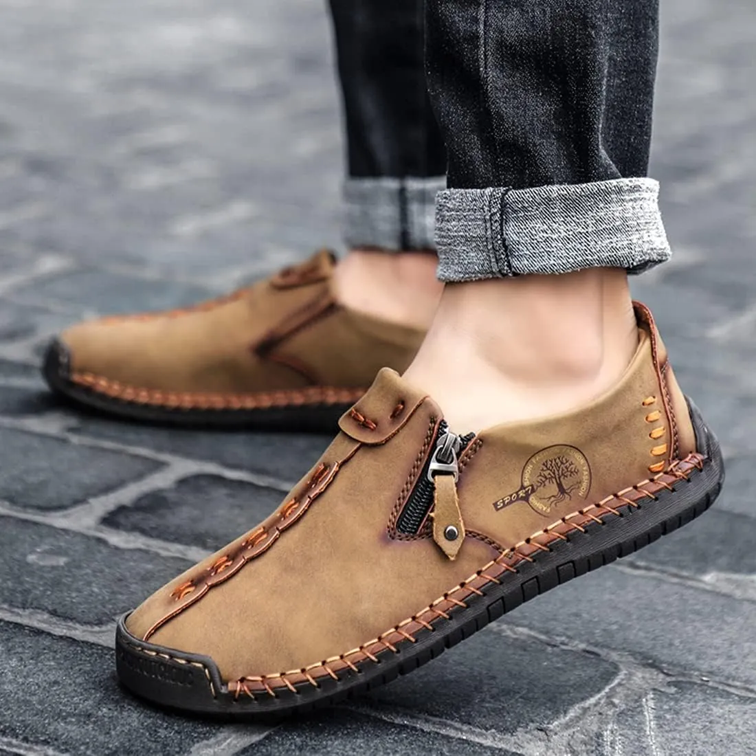 Minishion Anti Slip Shoes Men Zip Stitched Casual Slip ons 2102#