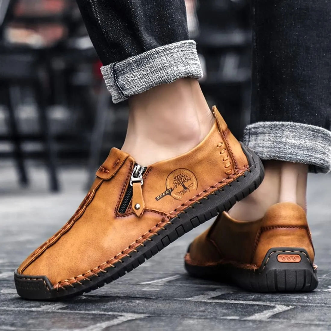 Minishion Anti Slip Shoes Men Zip Stitched Casual Slip ons 2102#