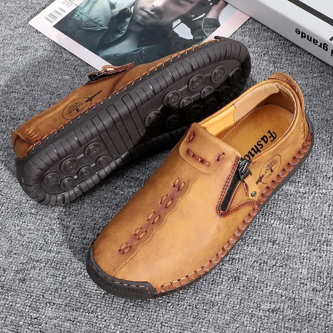 Minishion Anti Slip Shoes Men Zip Stitched Casual Slip ons 2102#