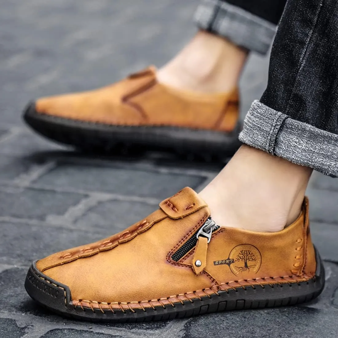 Minishion Anti Slip Shoes Men Zip Stitched Casual Slip ons 2102#