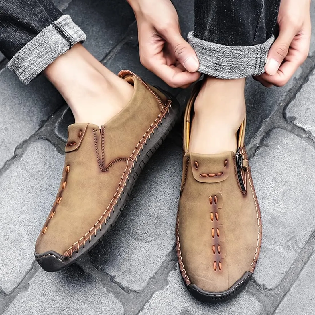 Minishion Anti Slip Shoes Men Zip Stitched Casual Slip ons 2102#