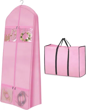 MISSLO Portable 65" Wedding Dress Garment Bag with Bride Tote Bag 8'' Gusseted Dress Bags for Gowns Long 4 Pockets Dress Cover for Women, Pink