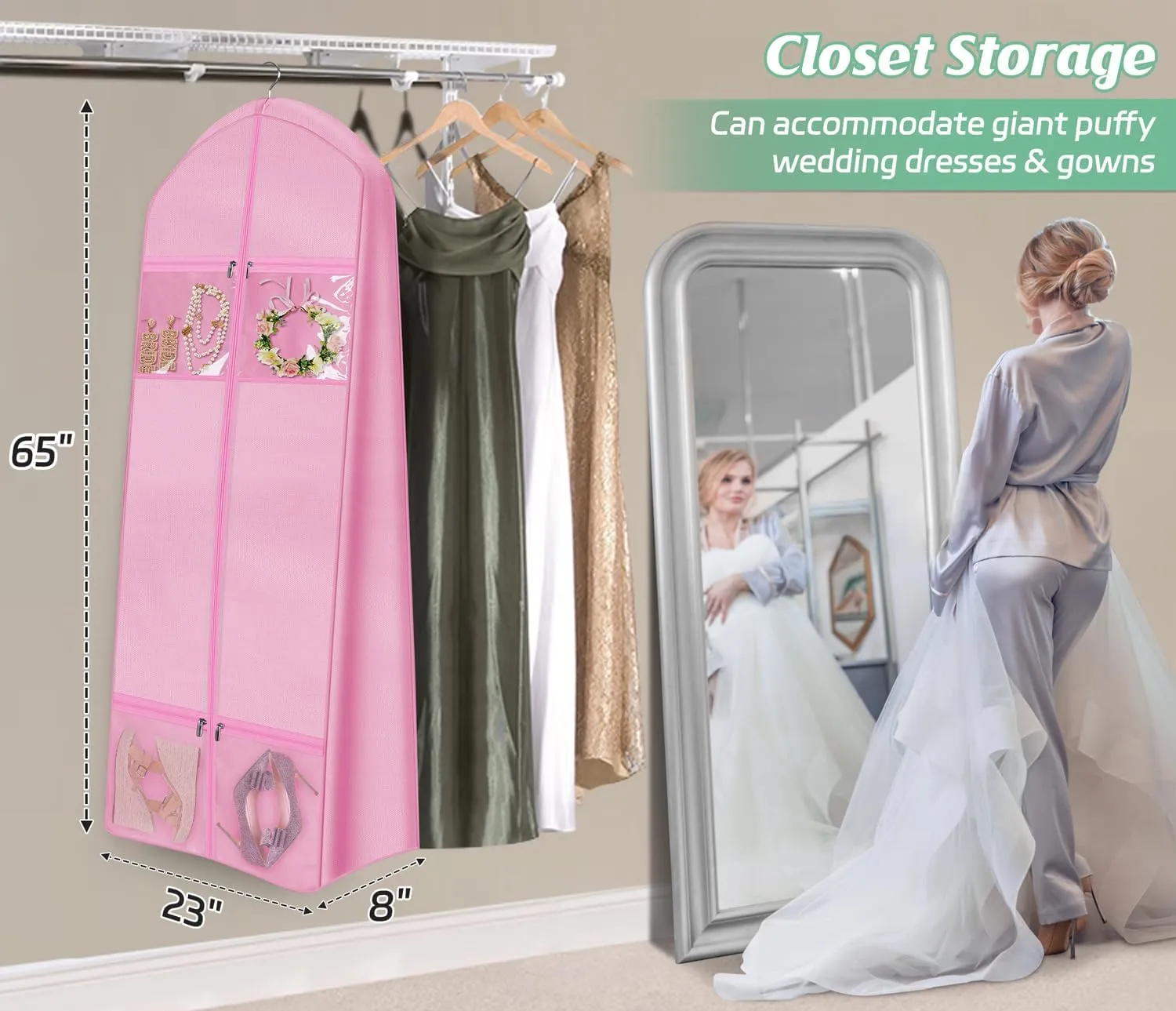 MISSLO Portable 65" Wedding Dress Garment Bag with Bride Tote Bag 8'' Gusseted Dress Bags for Gowns Long 4 Pockets Dress Cover for Women, Pink