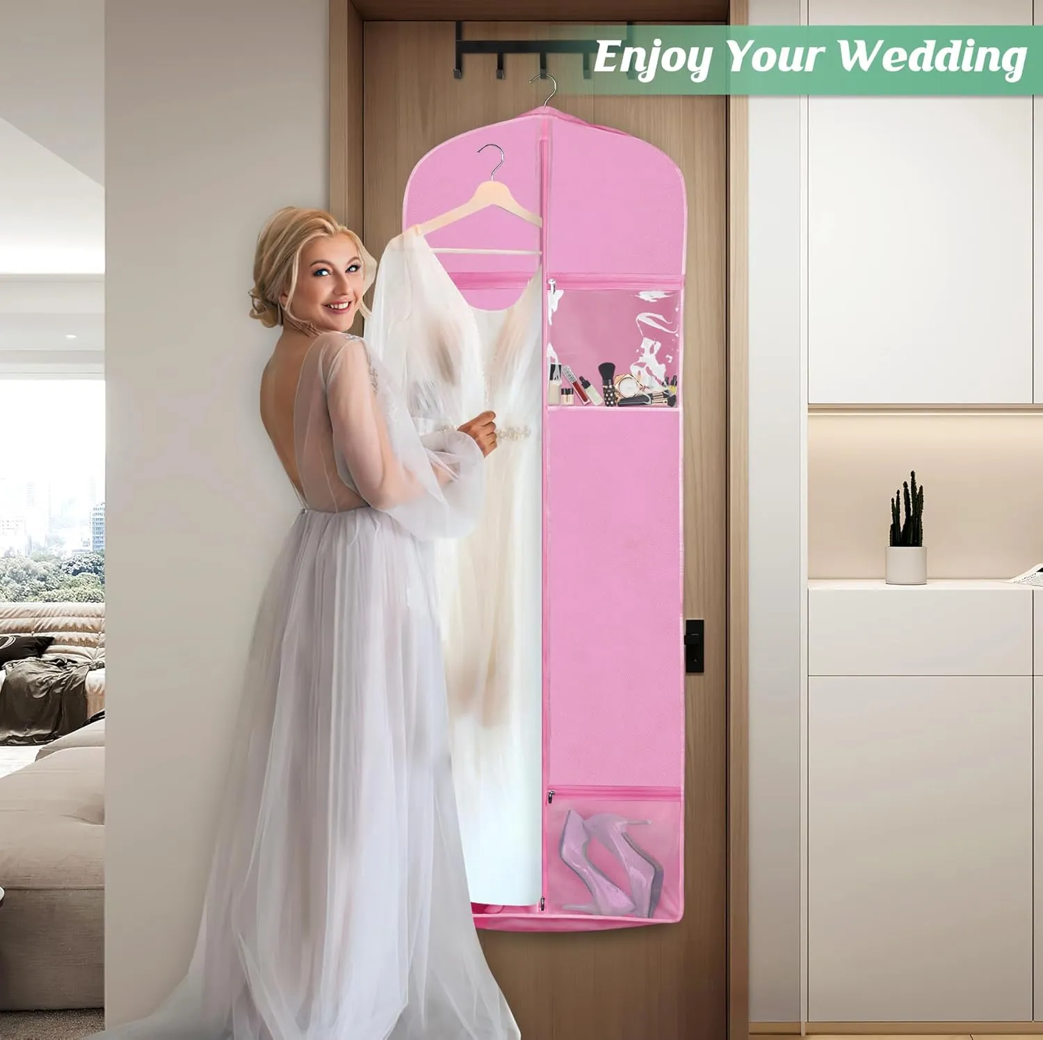MISSLO Portable 65" Wedding Dress Garment Bag with Bride Tote Bag 8'' Gusseted Dress Bags for Gowns Long 4 Pockets Dress Cover for Women, Pink