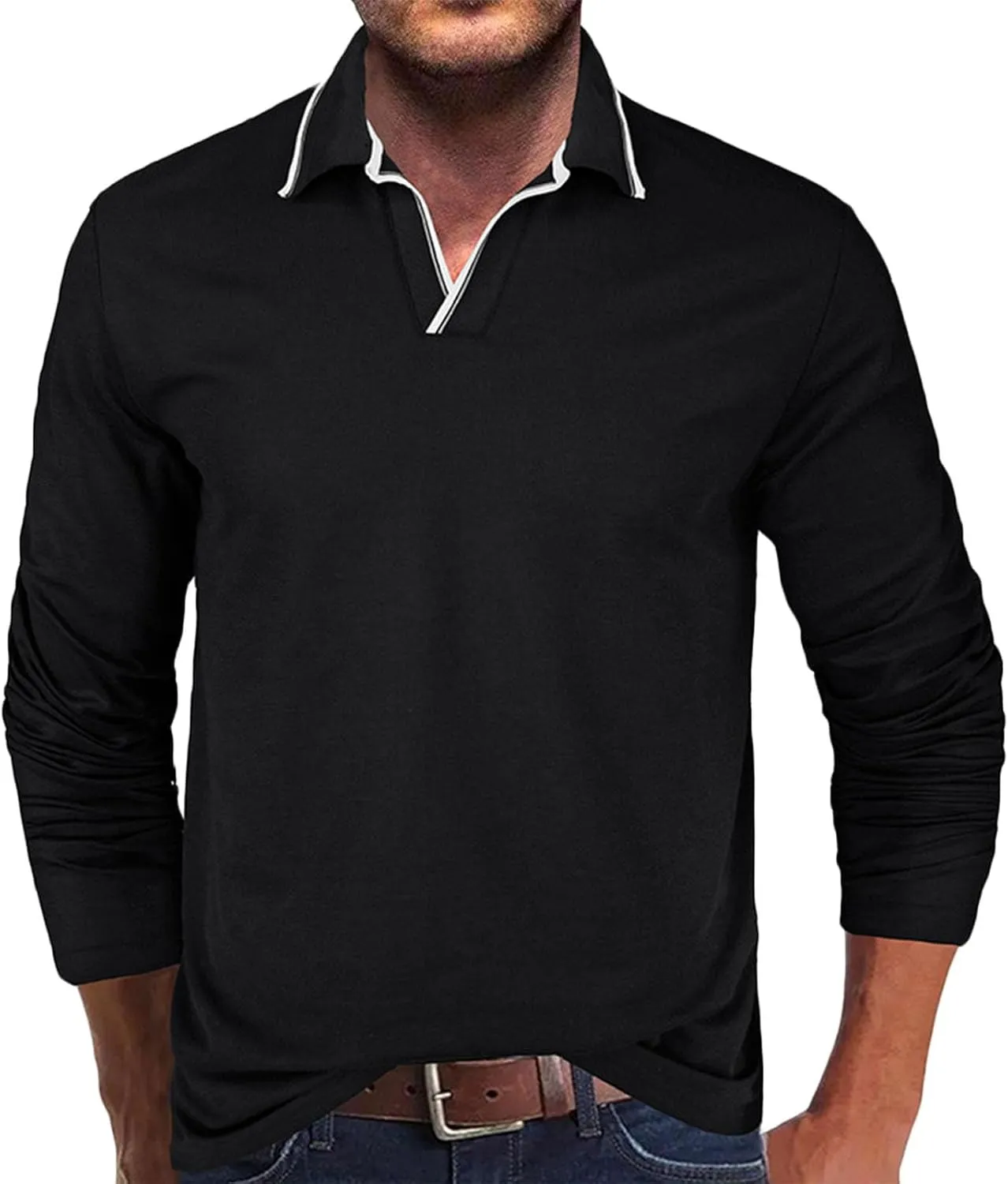 Muscularfit Long Sleeve Shirts for Men 2023 Fashion Solid Button Down Polo Shirts Casual Formal Work Collar Pullover T Shirt