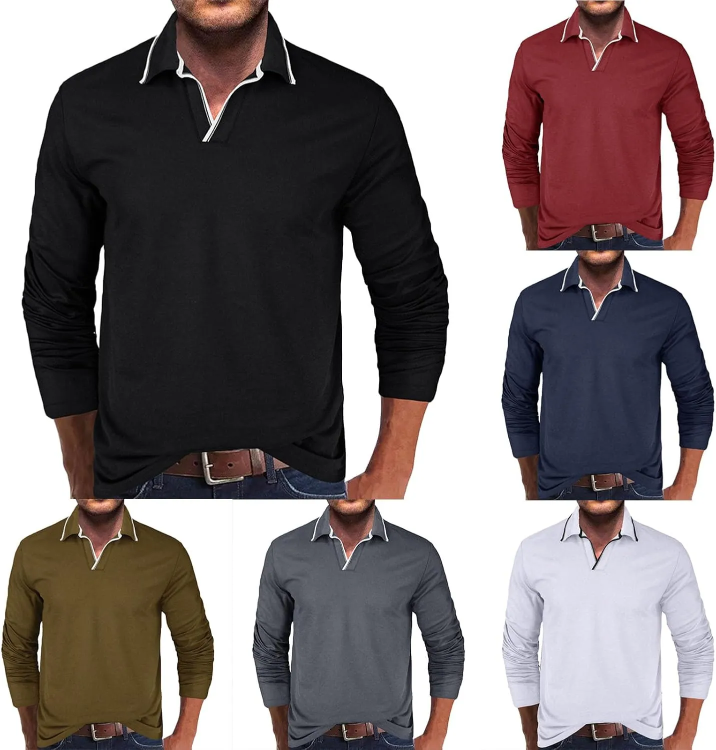 Muscularfit Long Sleeve Shirts for Men 2023 Fashion Solid Button Down Polo Shirts Casual Formal Work Collar Pullover T Shirt