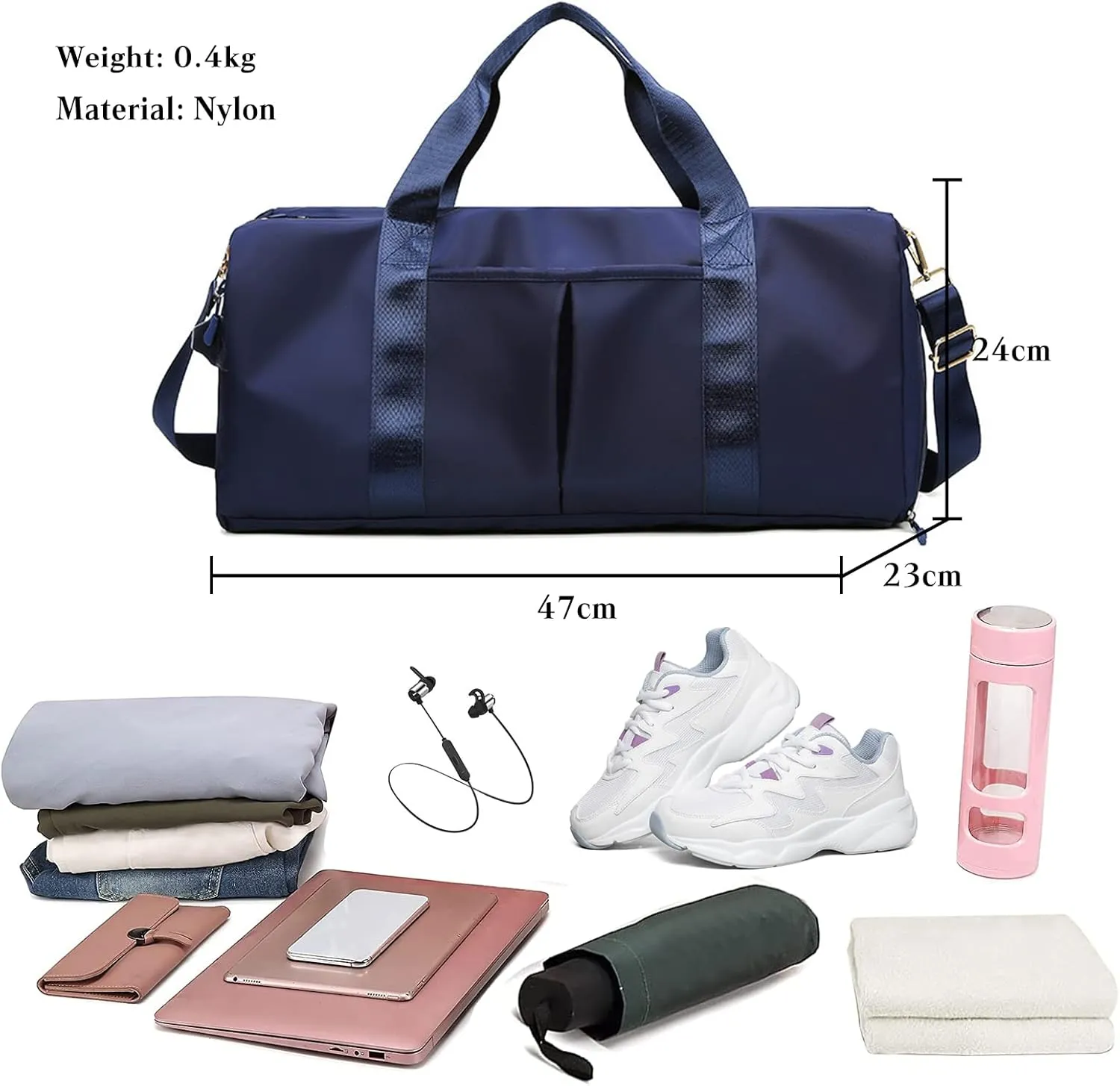 Nylon Travel Duffel Bag Sport Duffel Bag Weekend Shoulder Bag Women/Men Large Gym Tote Bag Overnight Bag Carry On Luggage Hospital Bag with Shoes Compartment and Wet Pocket Dark Blue