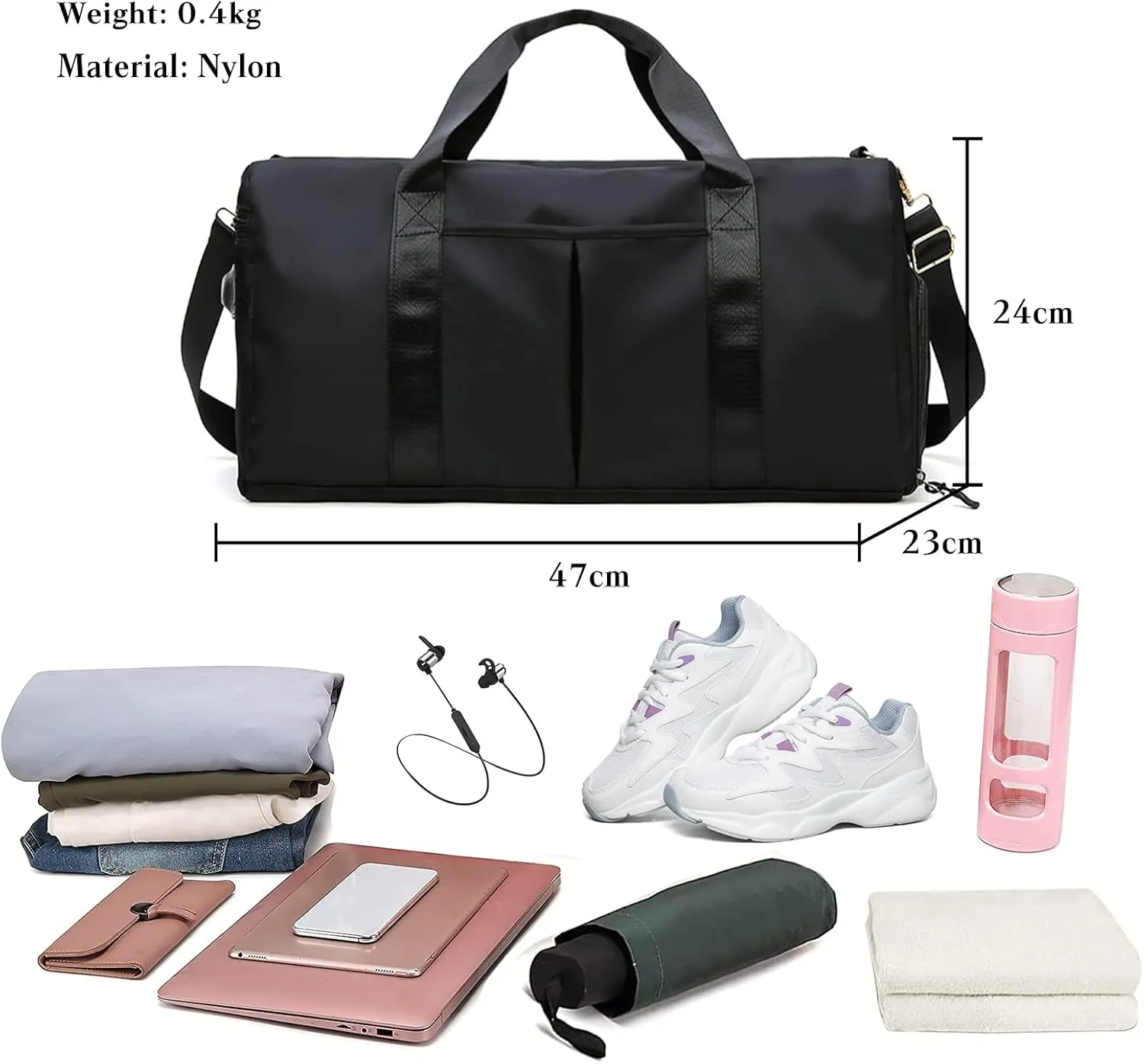 Nylon Travel Duffel Bag Sport Duffel Bag Weekend Shoulder Bag Women/Men Large Gym Tote Bag Ultra-Light Overnight Bag Carry On Luggage Hospital Bag with Shoes Compartment and Wet Pocket Black