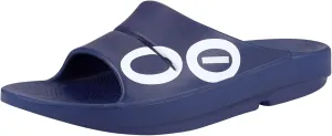 OOFOS OOahh Sport Slide Sandal, Navy White - Men’s Size 9, Women’s Size 11 - Lightweight Recovery Footwear - Reduces Stress on Feet, Joints & Back - Machine Washable - Hand-Painted Graphics