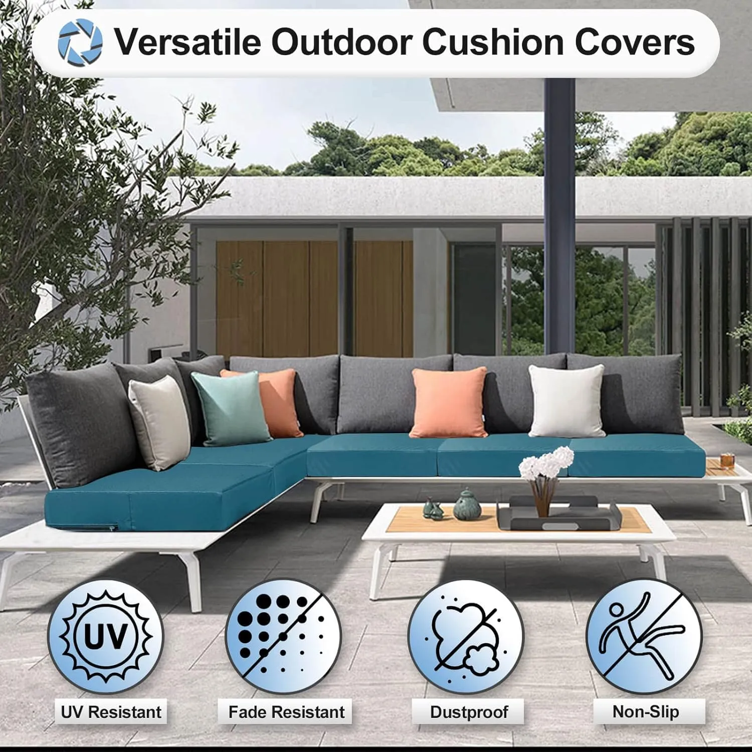 OutdoorLines Patio Seat Cushion Cover Replacement, Waterproof & Anti-Slip for Outdoor Furniture, Set of 2, 24 "x24 x4, Teal, Cover Only