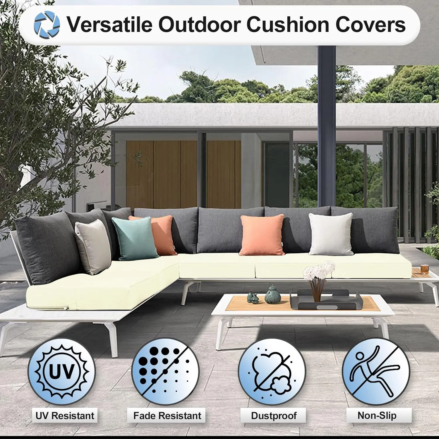OutdoorLines Patio Seat Cushion Cover Replacement, Waterproof Cushion Cover for Outdoor Furniture, Anti-Slip Patio Chair Cushion Cover for Garden and Backyard (Set of 2, 20"x18"x4", Cream, Cover Only)