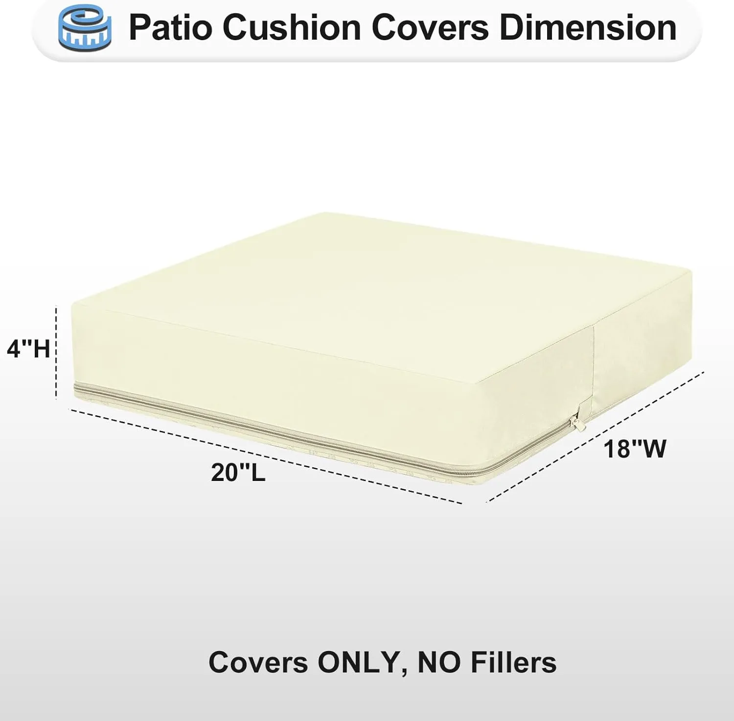 OutdoorLines Patio Seat Cushion Cover Replacement, Waterproof Cushion Cover for Outdoor Furniture, Anti-Slip Patio Chair Cushion Cover for Garden and Backyard (Set of 2, 20"x18"x4", Cream, Cover Only)