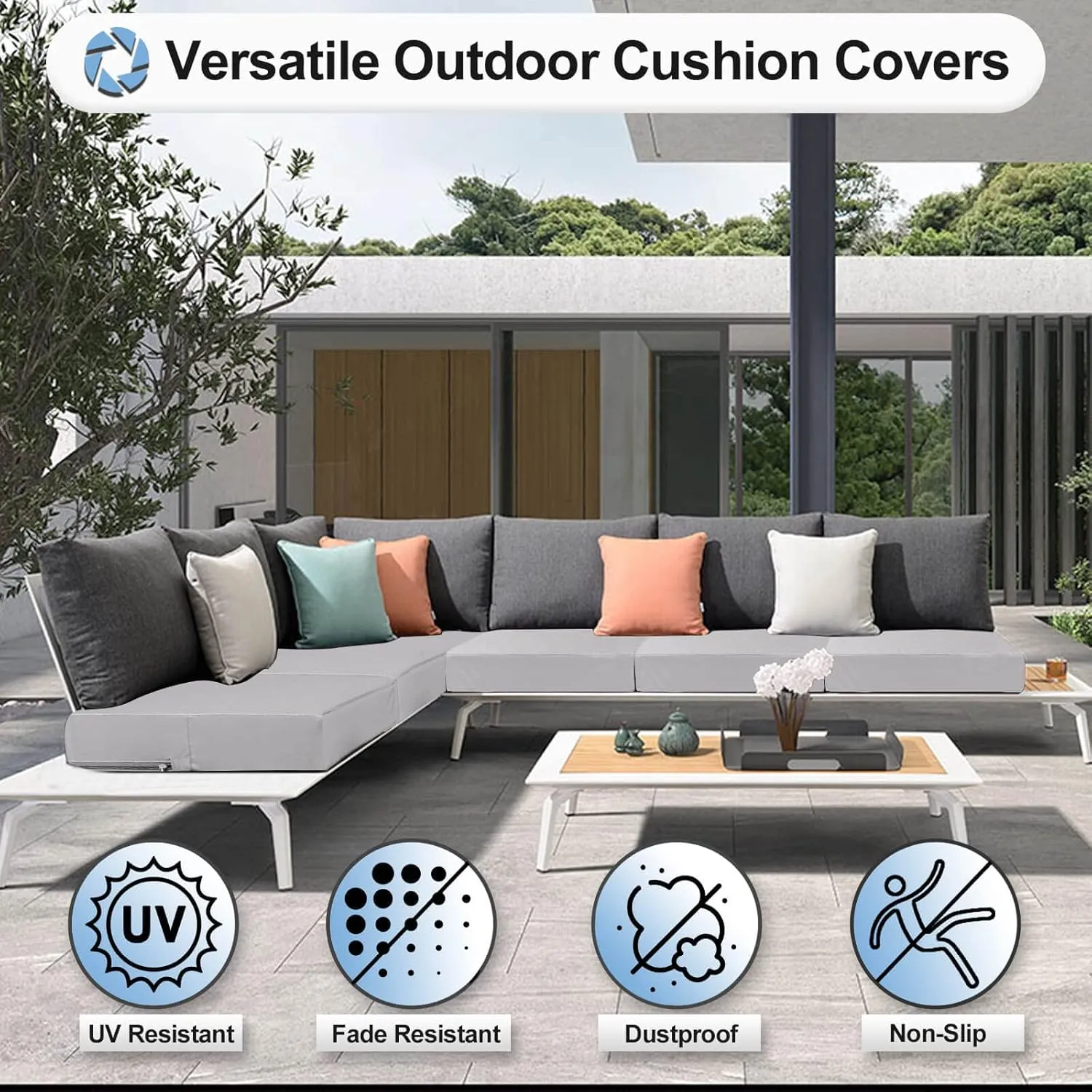 OutdoorLines Patio Seat Cushion Covers Replacement, Waterproof Cushion Cover for Outdoor Furniture, Anti-Slip Patio Chair Cushion Cover for Garden and Backyard (Set of 2, 24"x24"x4", Gray, Cover Only)