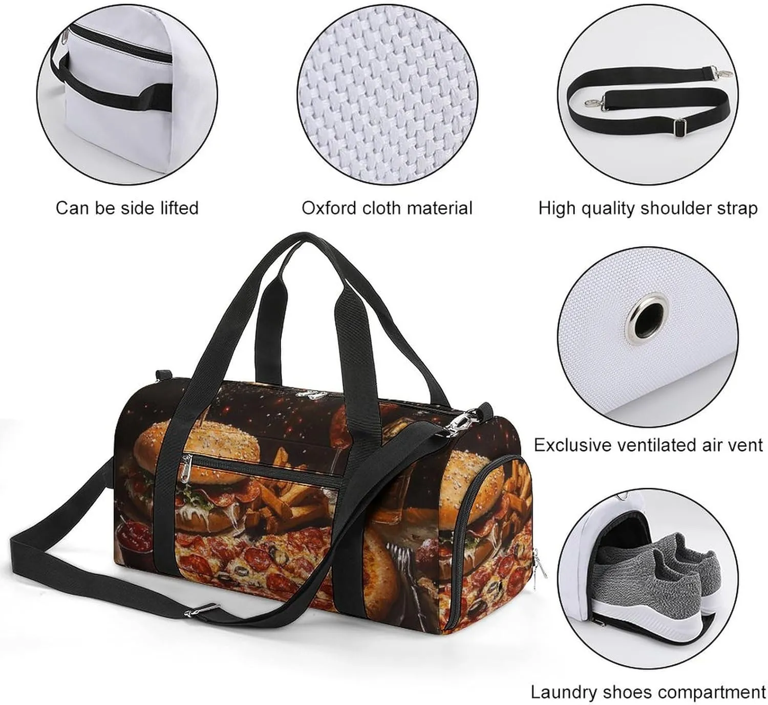 Pizza And Hamburg Fitness Large Gym Bag for Unisex with Shoe Compartment & Wet Pocket