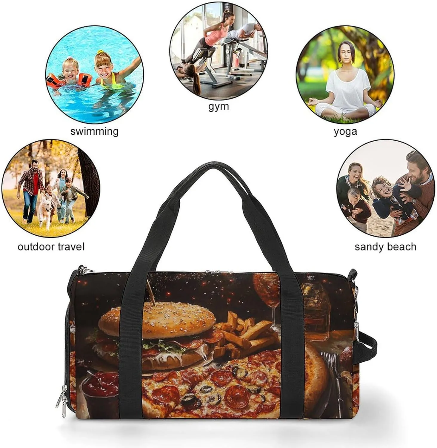 Pizza And Hamburg Fitness Large Gym Bag for Unisex with Shoe Compartment & Wet Pocket